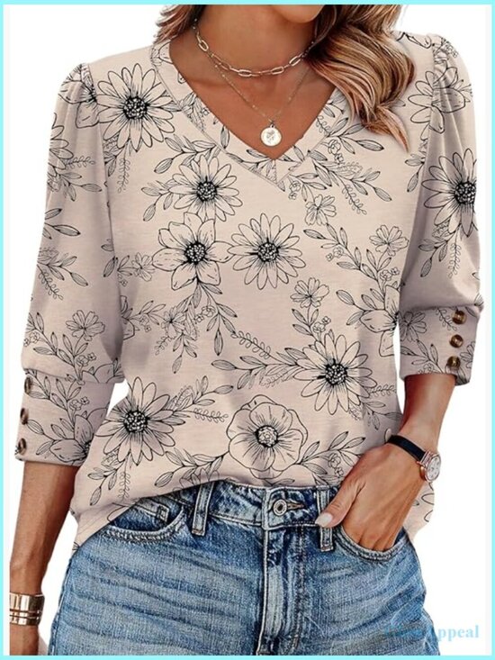 Tops - 3/4 Sleeve V-Neck Blouse with Buttons - Dressy Casual Tunic Top